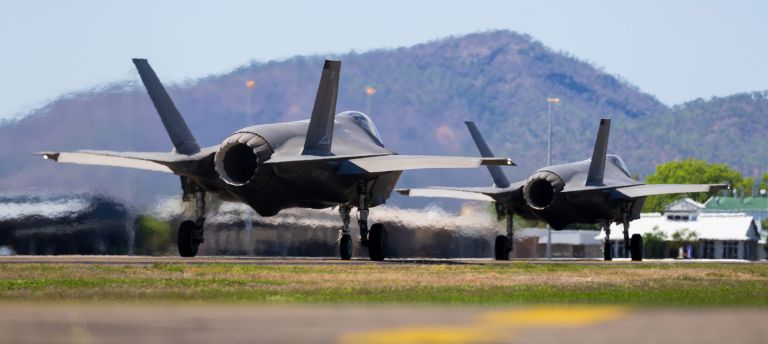 Two Royal Australian Air Force F-35A Lightning II taxi prior to departure from RAAF Base Townsville during Exercise High Sierra 2025.