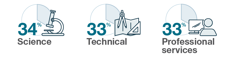 Infographic: 34% Science, 33% Technical, 33% Professional services