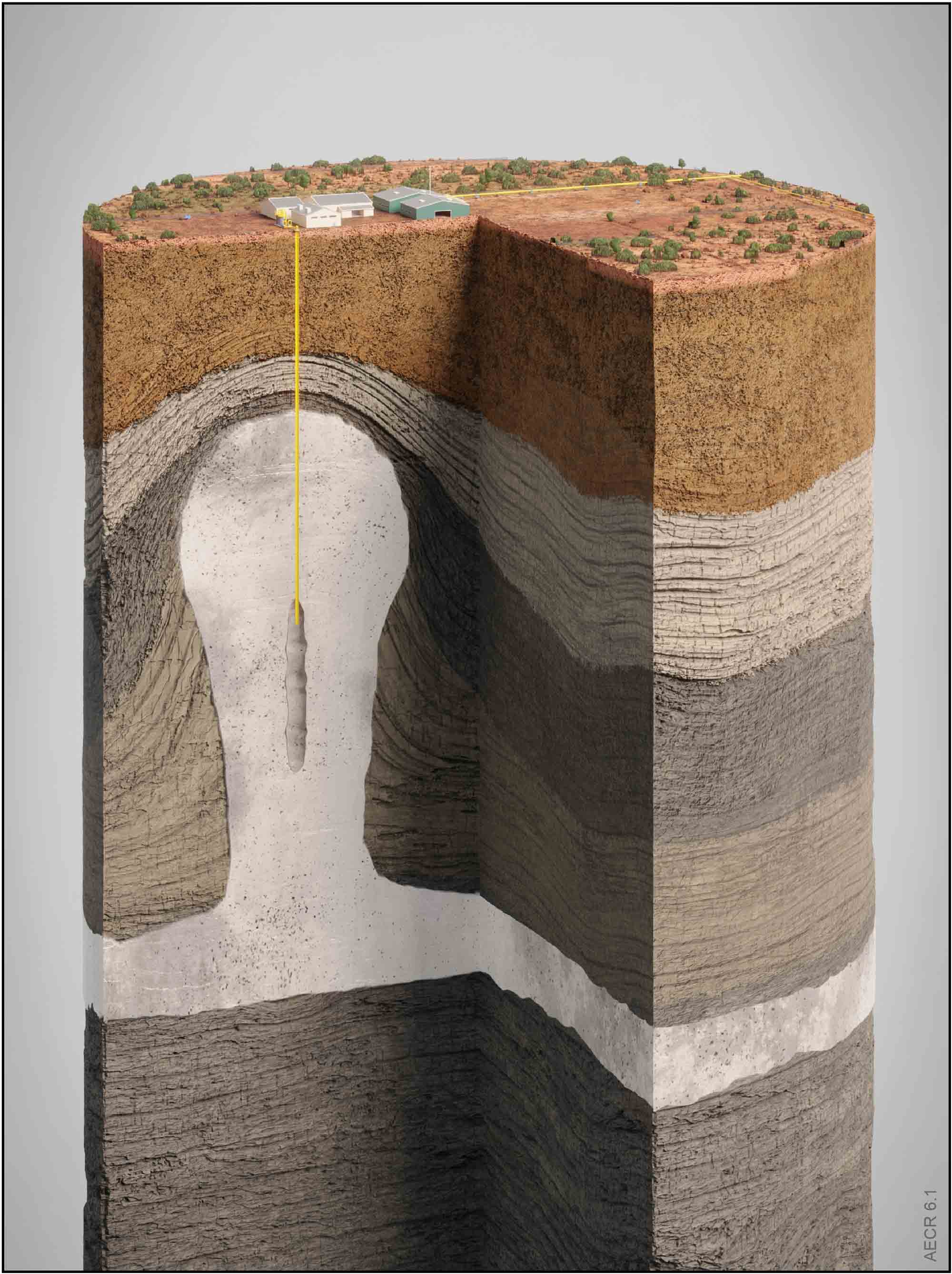 Model showing a typical configuration of an underground salt cavern which can be used for hydrogen storage. This salt cavern is created by injecting water into a thick underground accumulation of salt rock and dissolving out the salt over a period of years. For underground hydrogen storage, the salt rock must be predominantly halite (i.e. salt) with small amounts of non-salt inclusions.