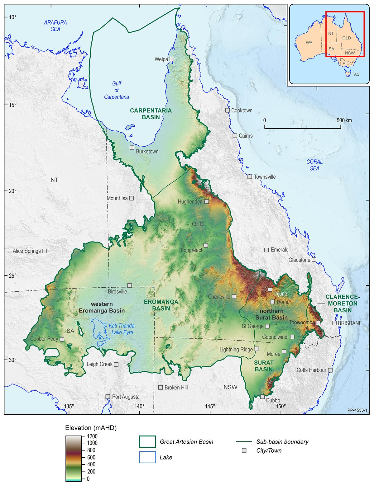 Location of northern Surat Basin and western Eromanga Basin pilot study areas within the Great Artesian Basin