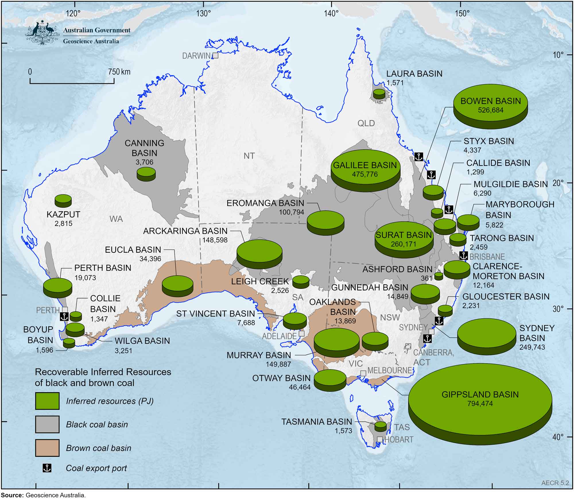 A map of Australia showing Australia’s black and brown coal Inferred Resources as at end 2023 (PJ).