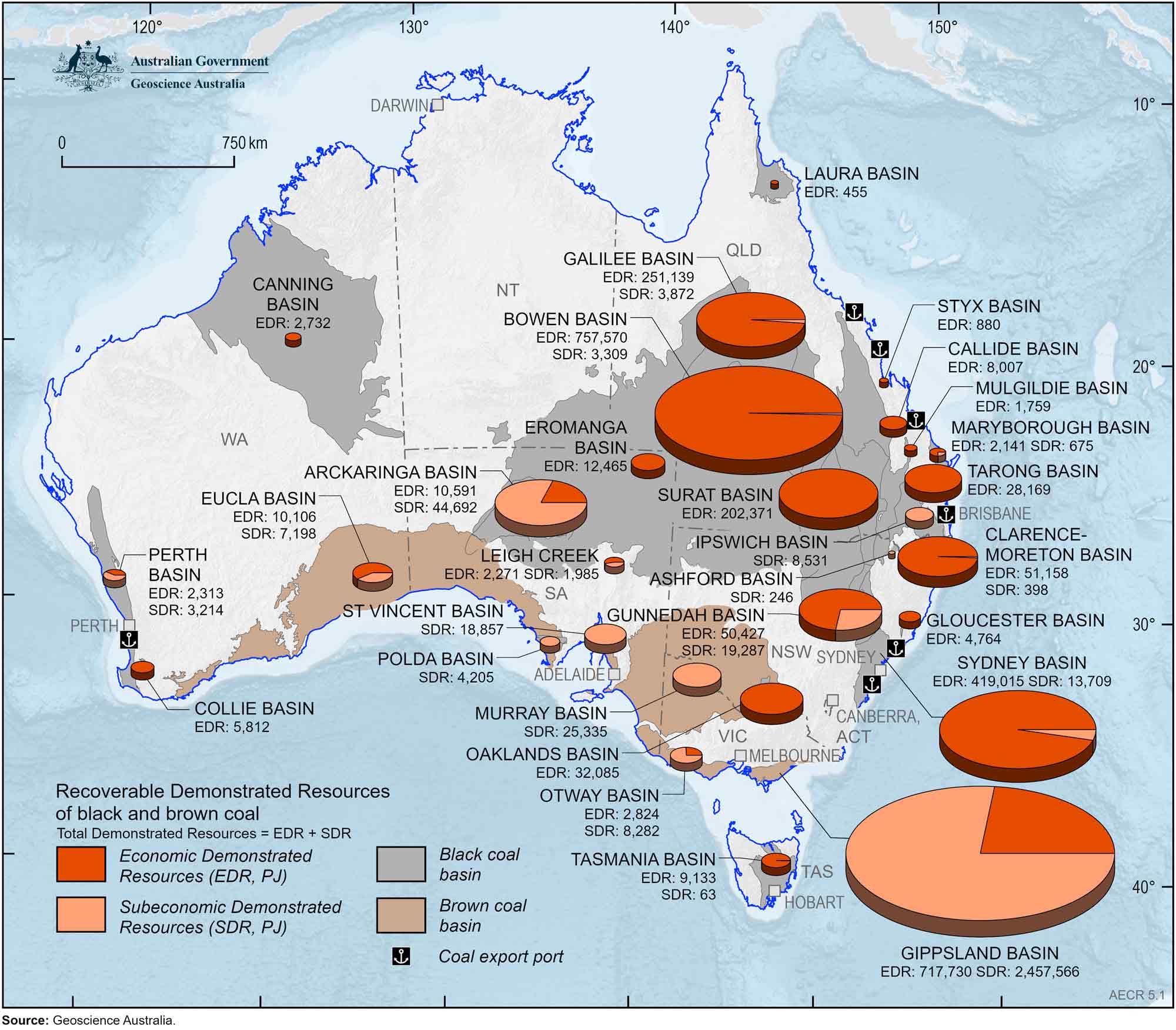 A map of Australia showing Australia’s total recoverable Demonstrated Resources of black and brown coal as at end 2023