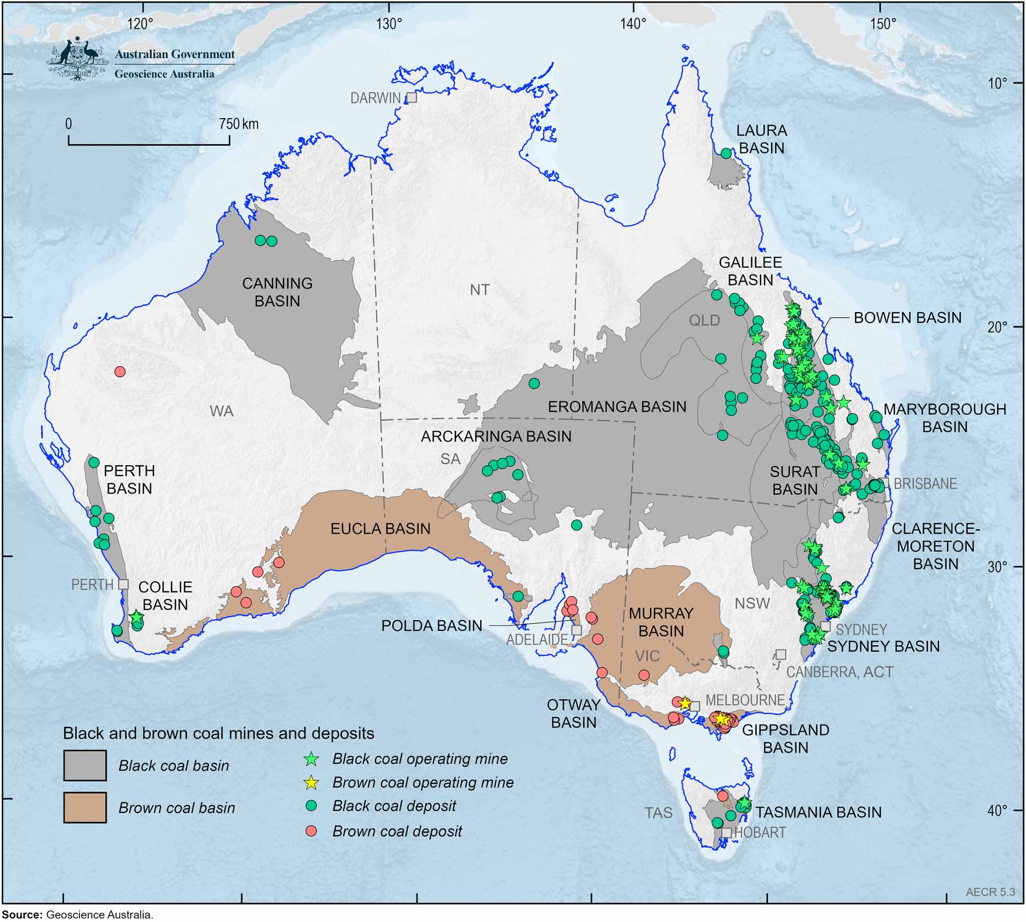 A map of Australia showing Australia's black and brown coal mines and deposits.