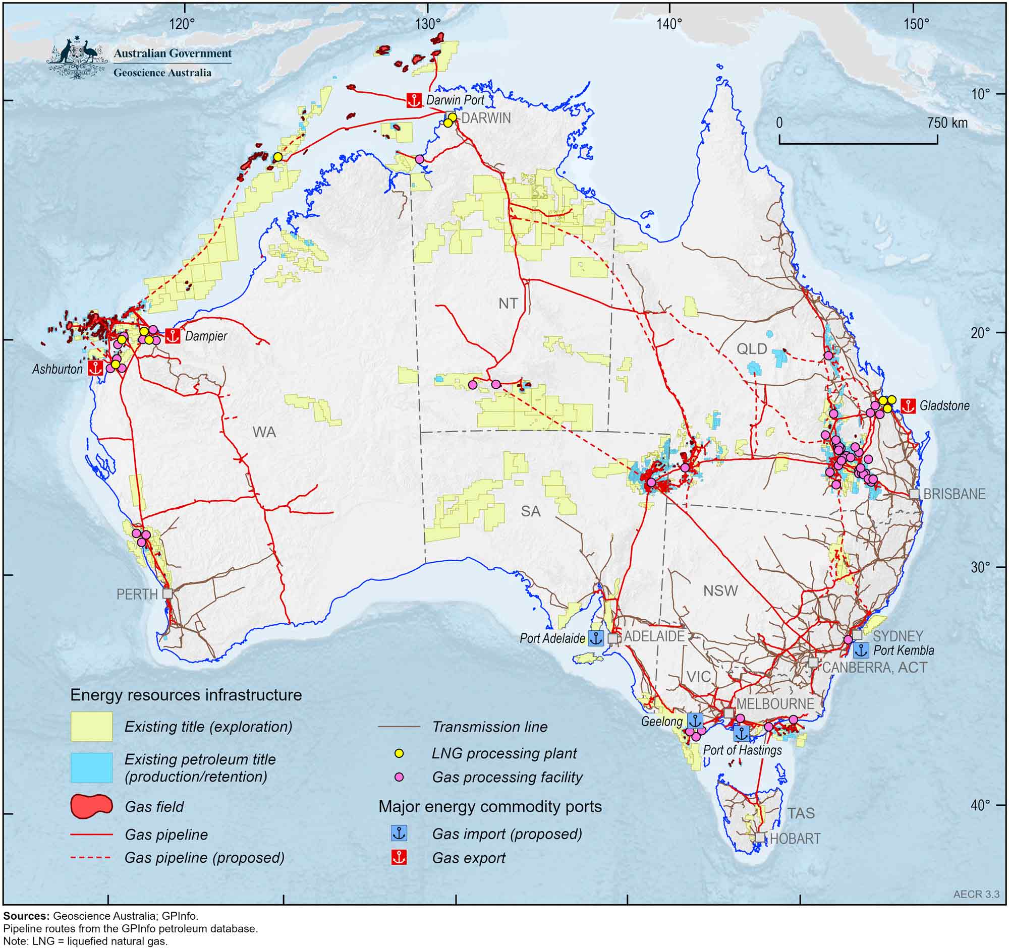 A map of Australia showing petroleum permits, gas fields and infrastructure