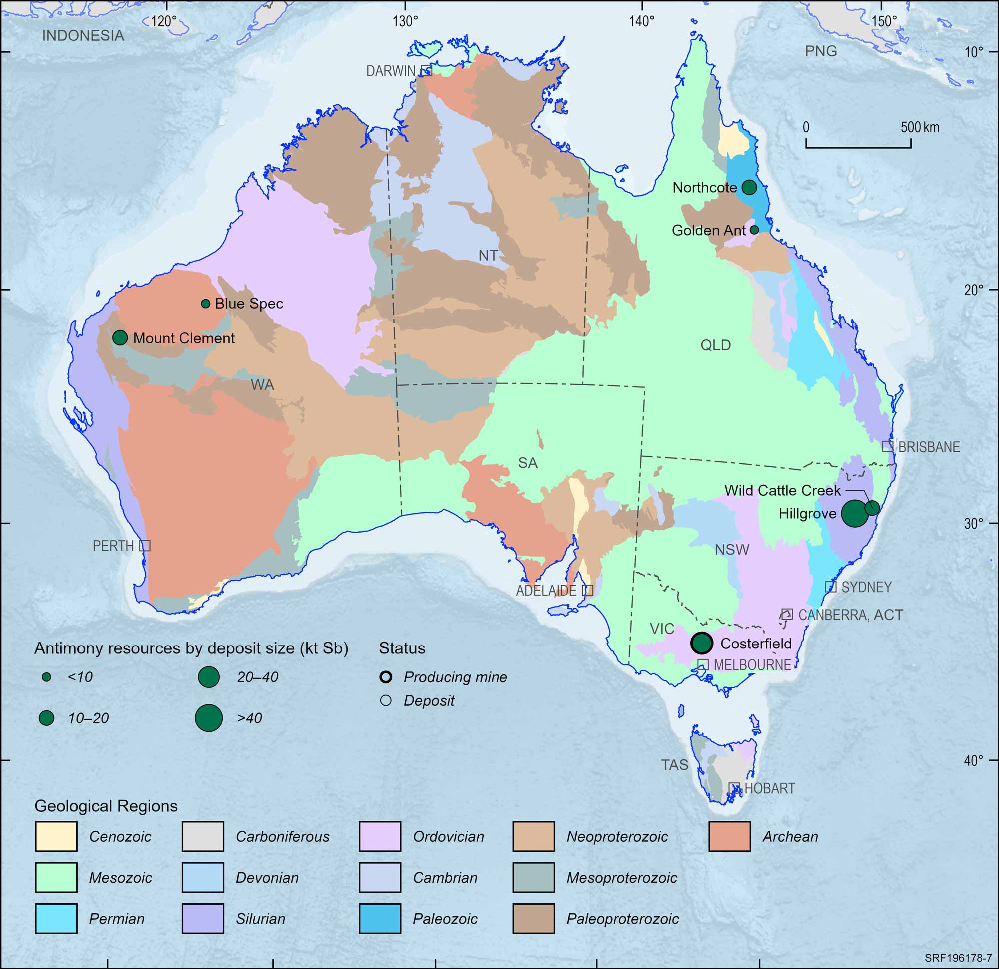 Australian map displaying Australian antimony deposits and operating mines, 2023.