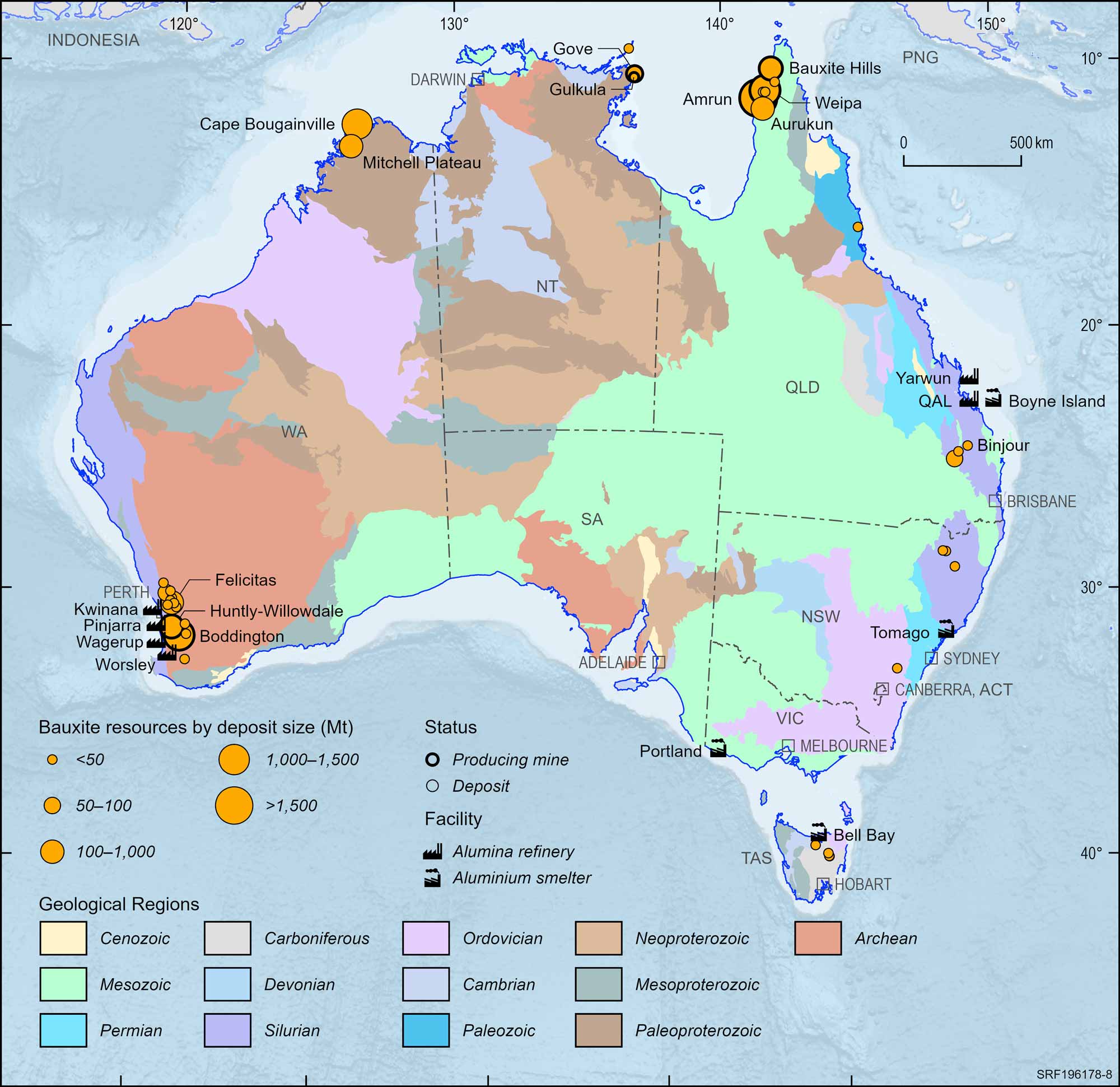 Australian map displaying Australian bauxite deposits and operating mines, 2023.