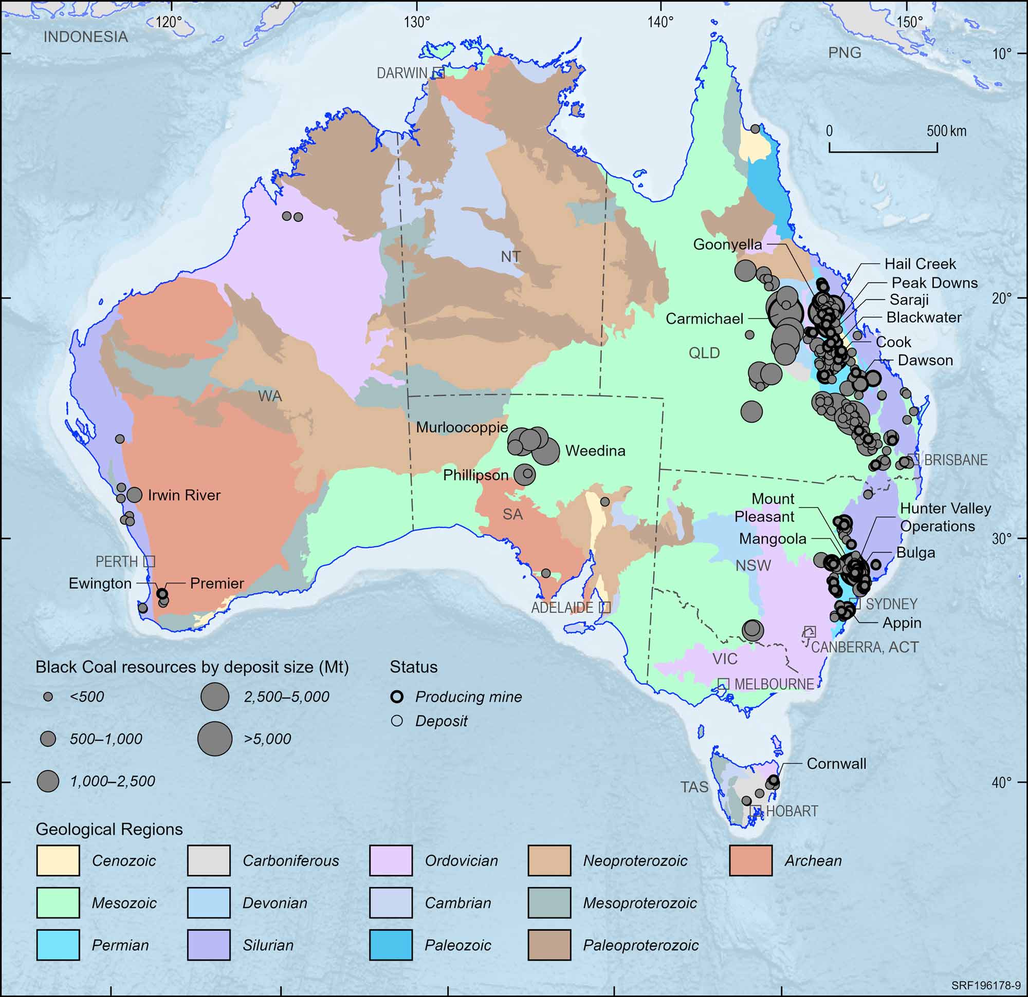 Australian map displaying Australian black coal deposits and operating mines, 2023.