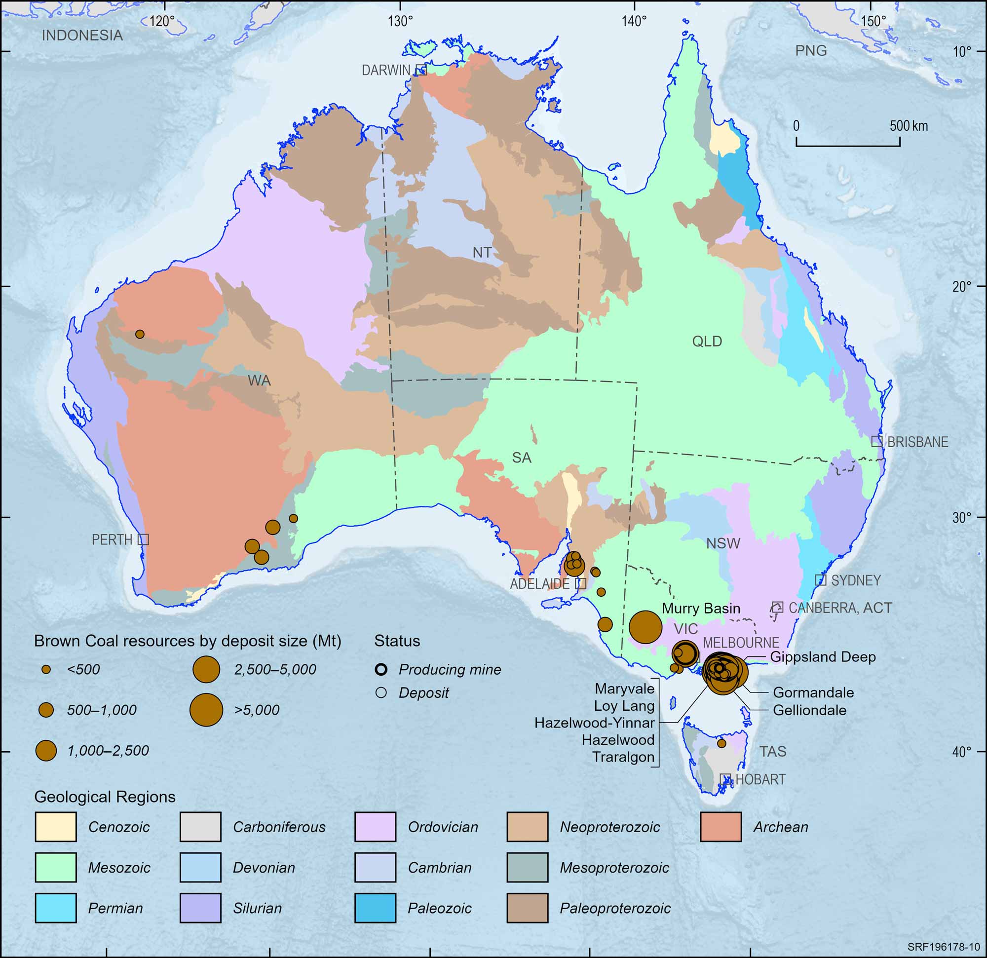 Australian map displaying Australian brown coal deposits and operating mines, 2023.