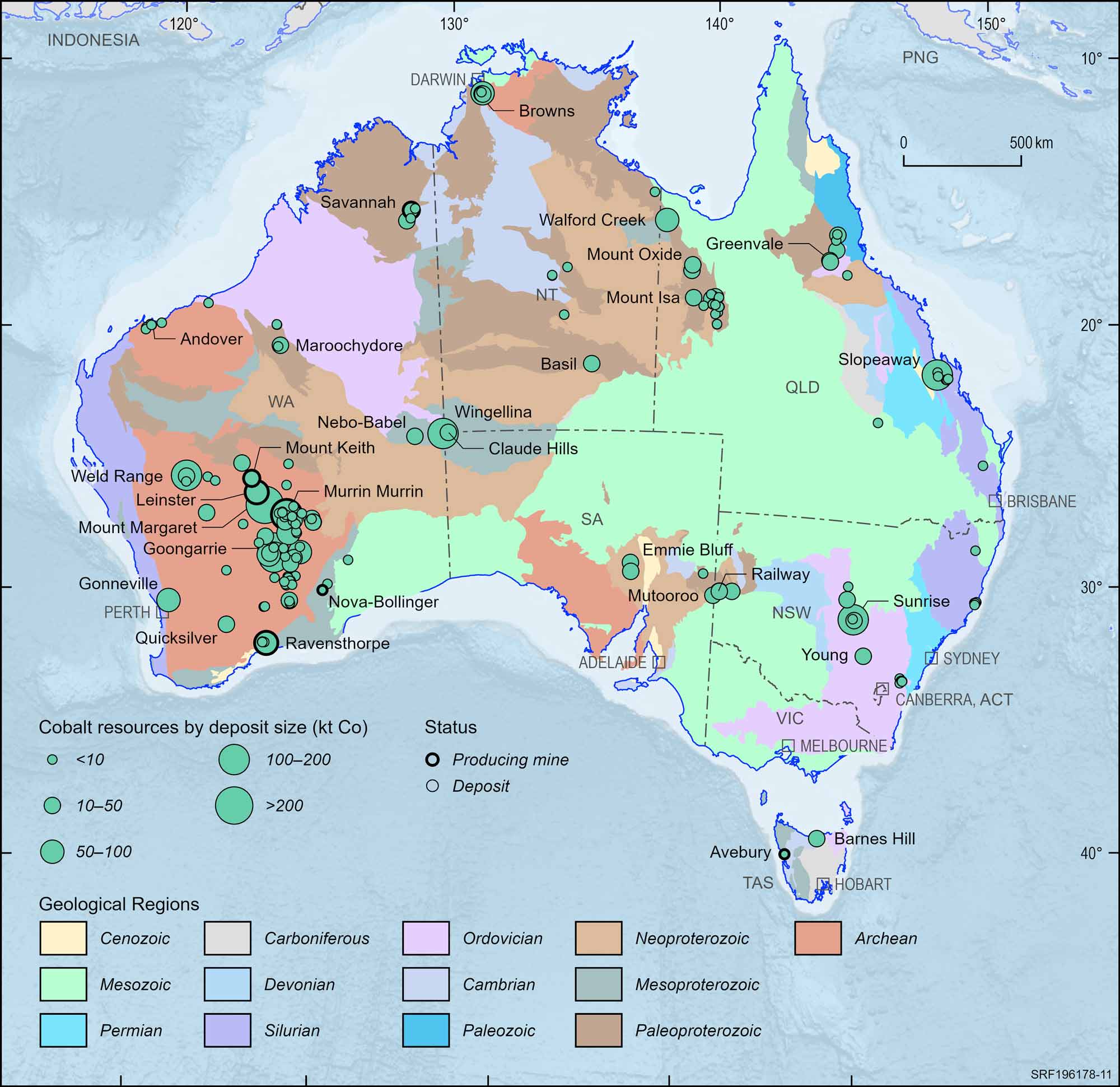 : Australian map displaying Australian cobalt deposits and operating mines, 2023.