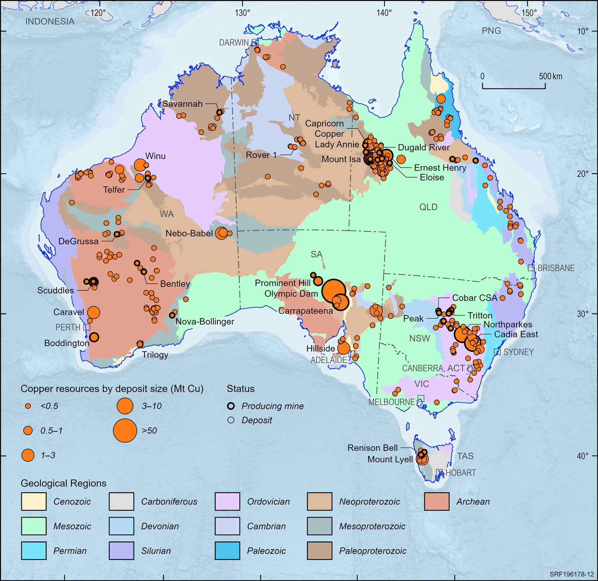 Australian map displaying Australian copper deposits and operating mines, 2023.