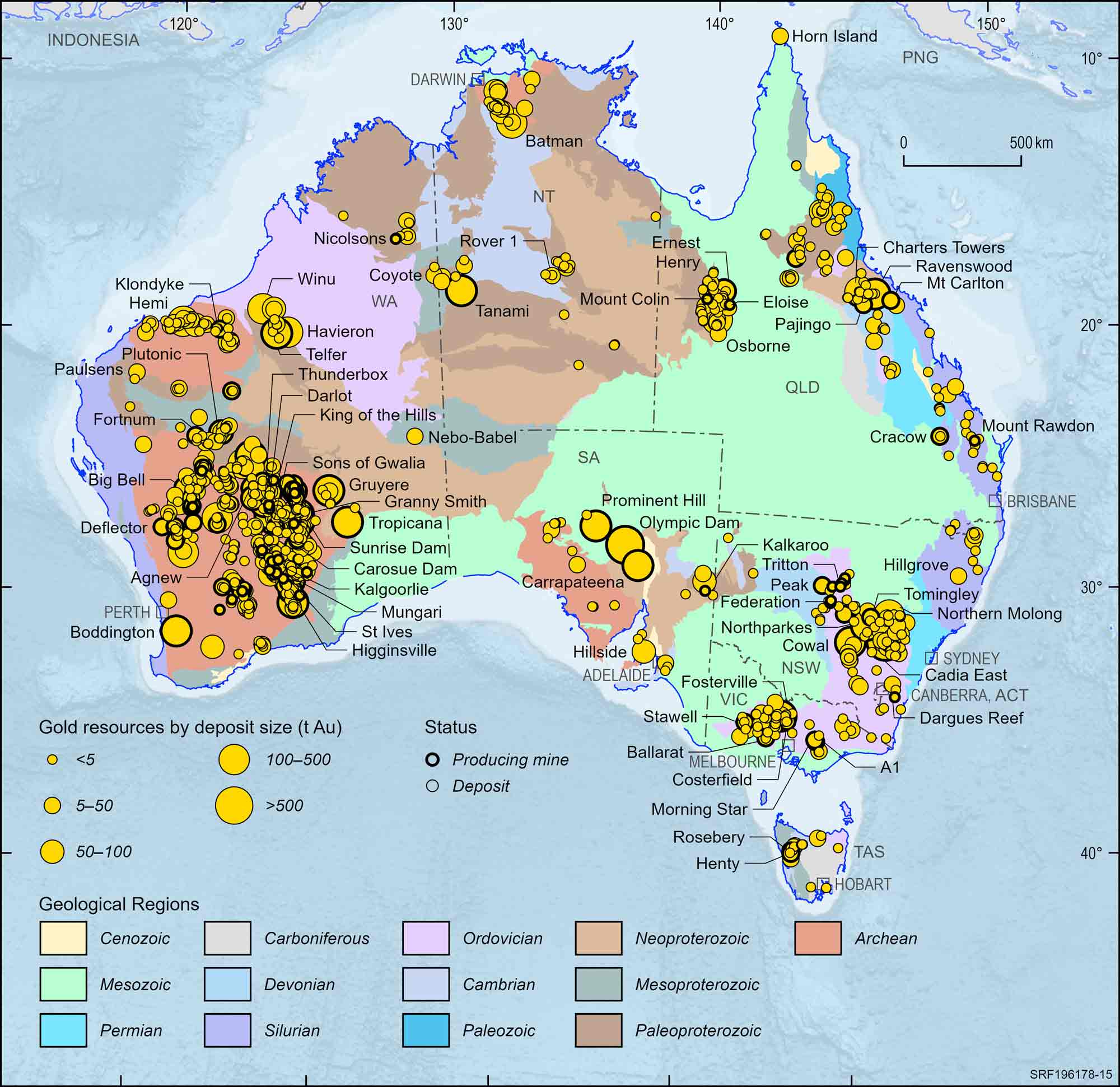 Australian map displaying Australian gold deposits and operating mines, 2023.