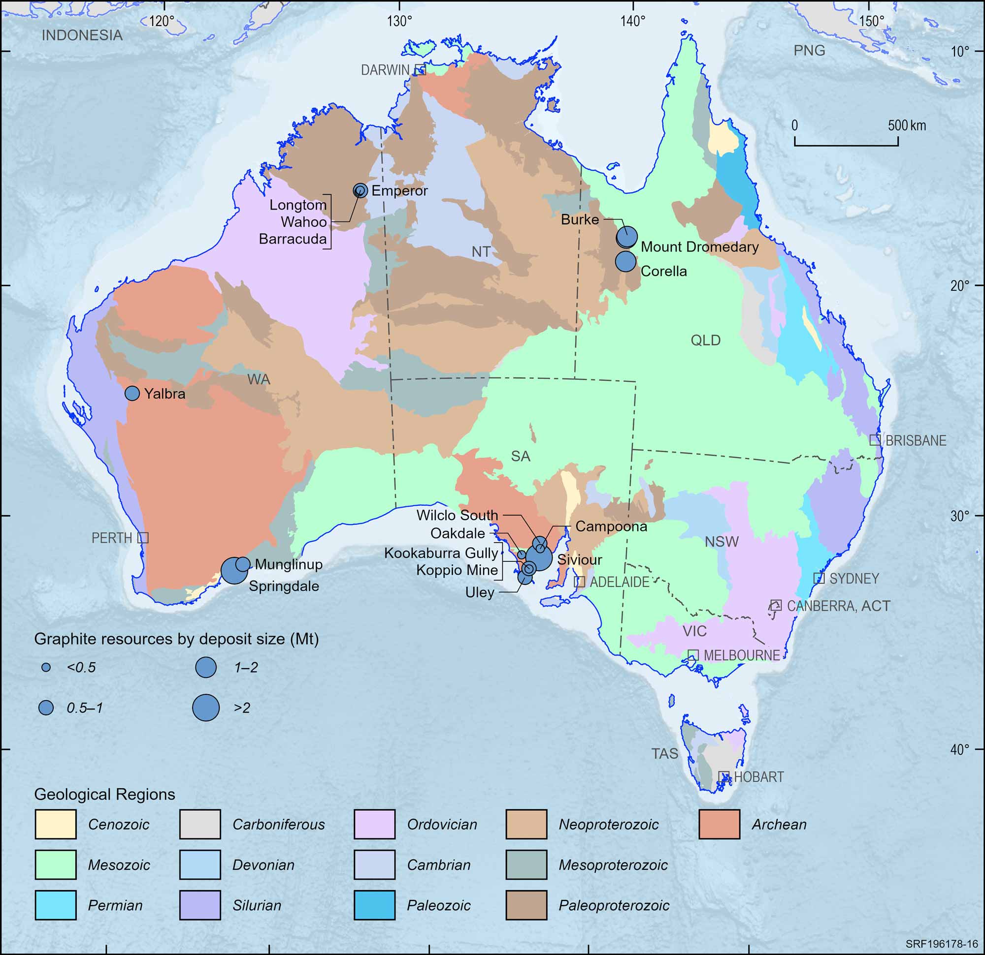 Australian map displaying Australian graphite deposits, 2023.
