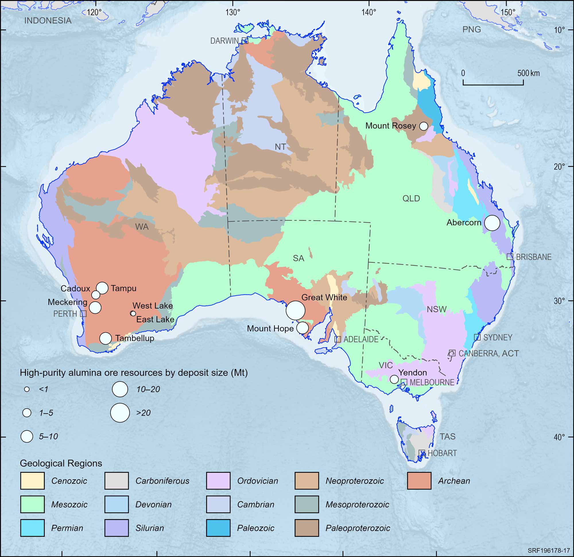 Australian map displaying Australian high purity alumina deposits, 2023.