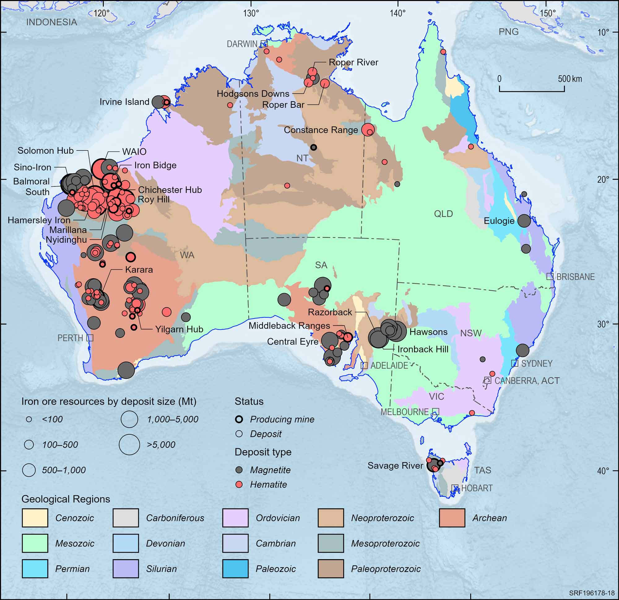 Australian map displaying Australian iron ore deposits and operating mines, 2023.