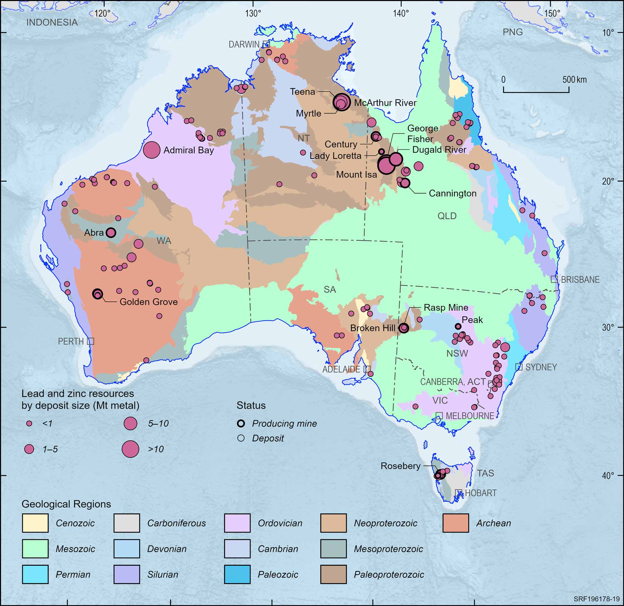 Australian map displaying Australian lead and zinc deposits and operating mines, 2023.