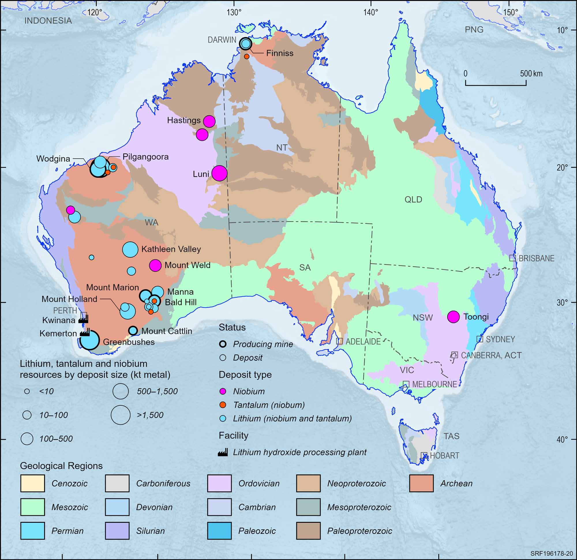 Australian map displaying Australian Lithium, Tantalum and Niobium deposits and operating mines, 2023.