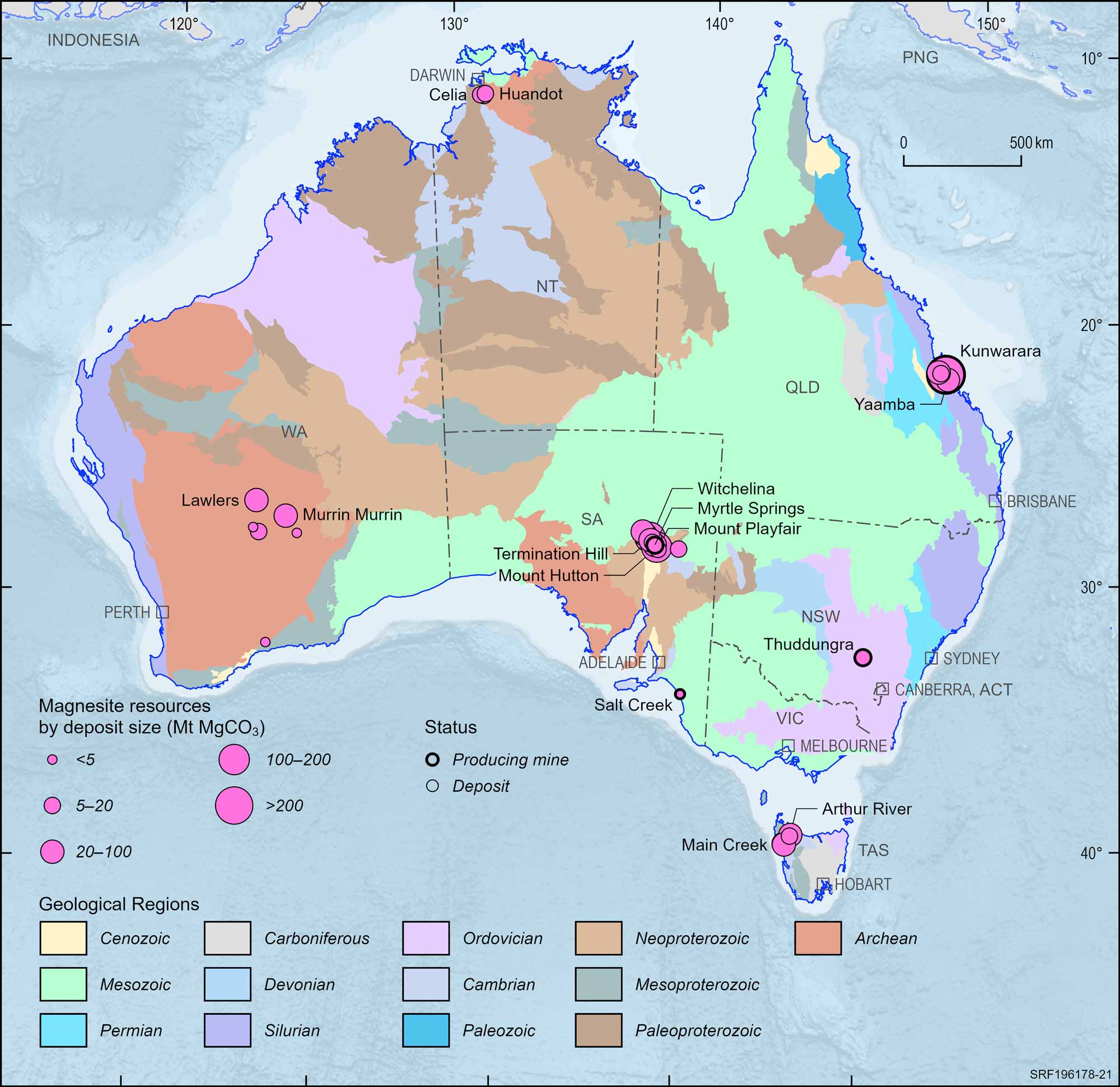 Australian map displaying Australian magnesite deposits and operating mines, 2023.