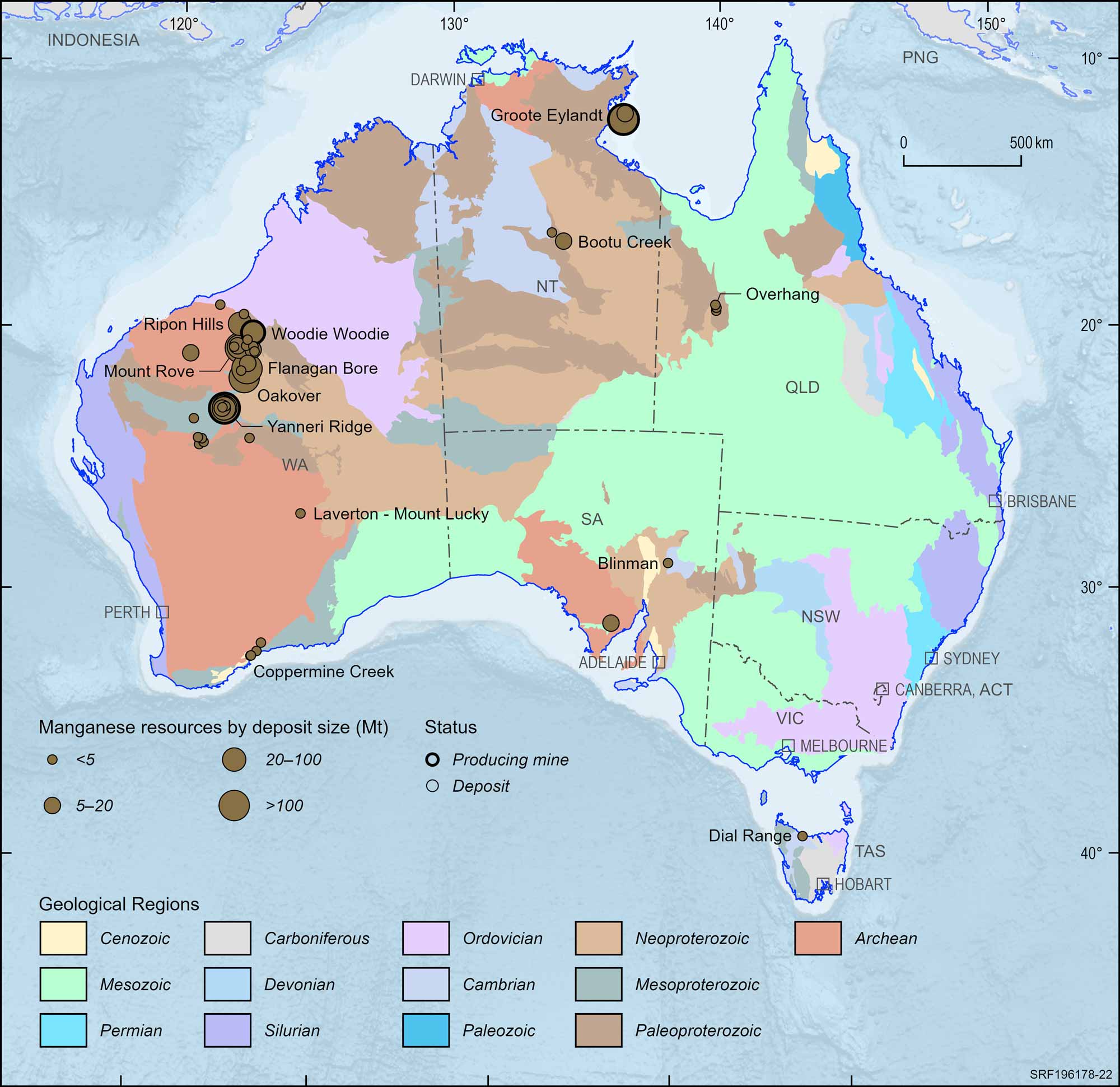 Australian map displaying Australian manganese ore deposits and operating mines, 2023.