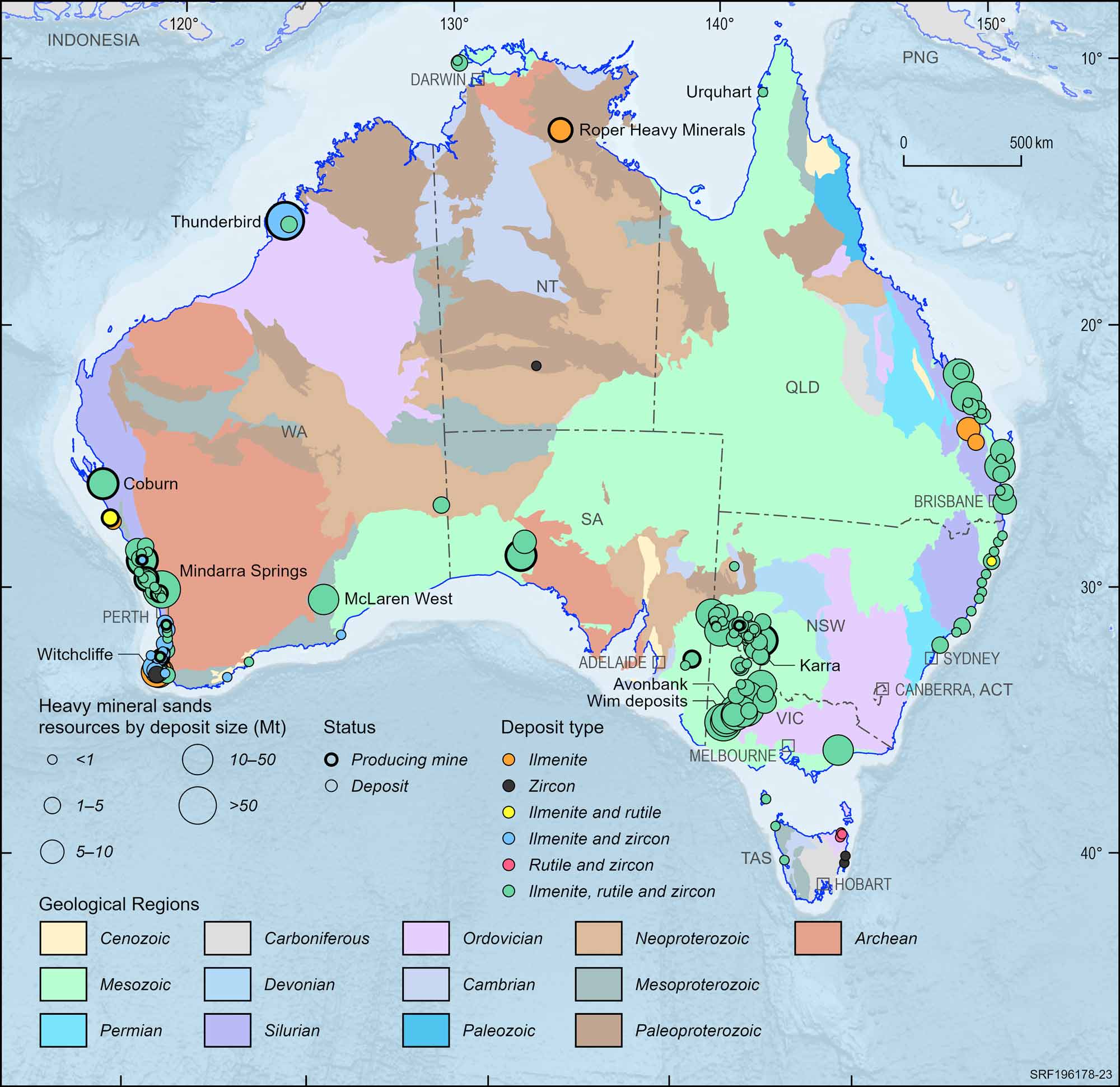 Australian map displaying Australian mineral sands deposits and operating mines, 2023.