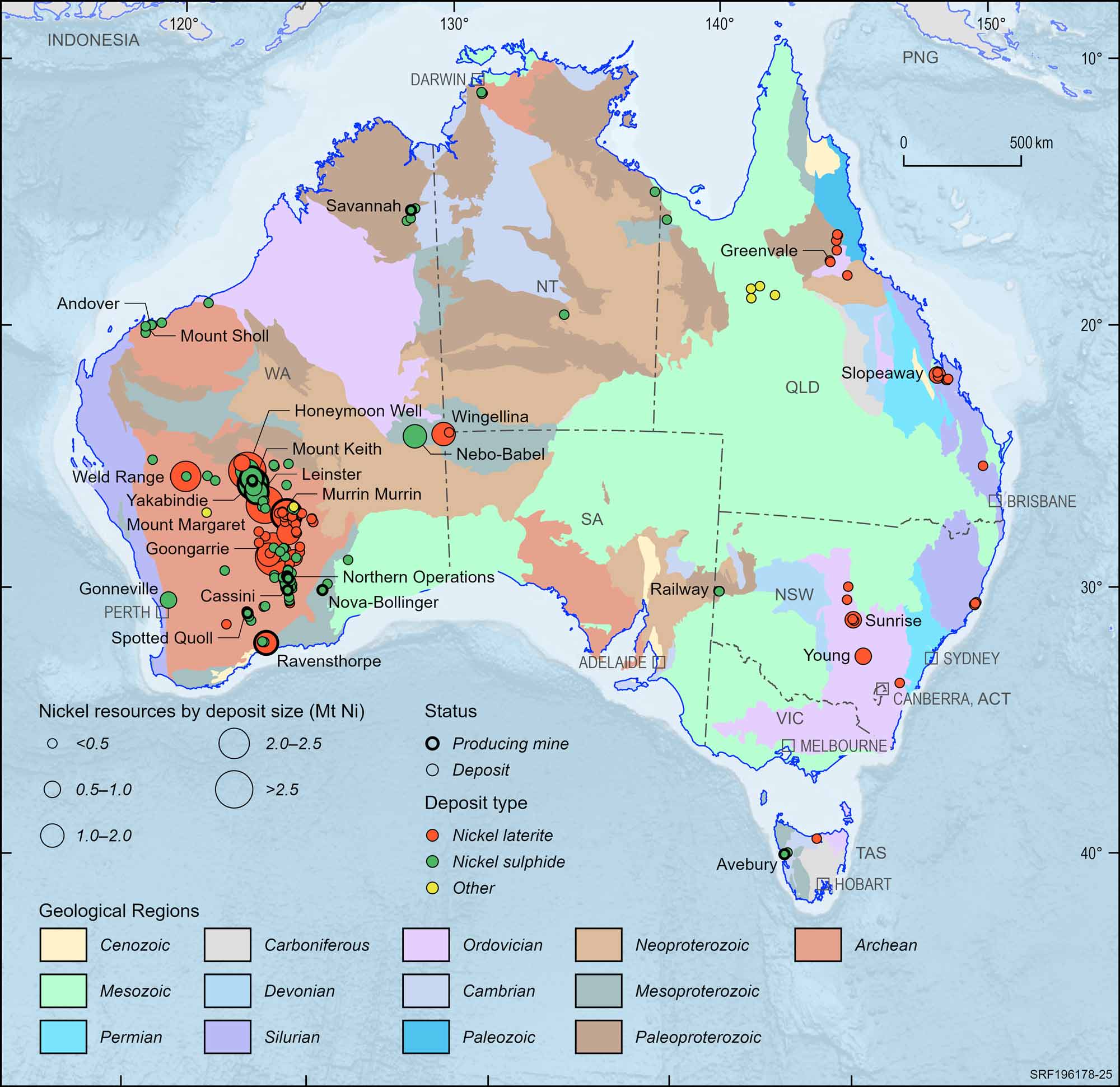 Australian map displaying Australian nickel deposits and operating mines, 2023.