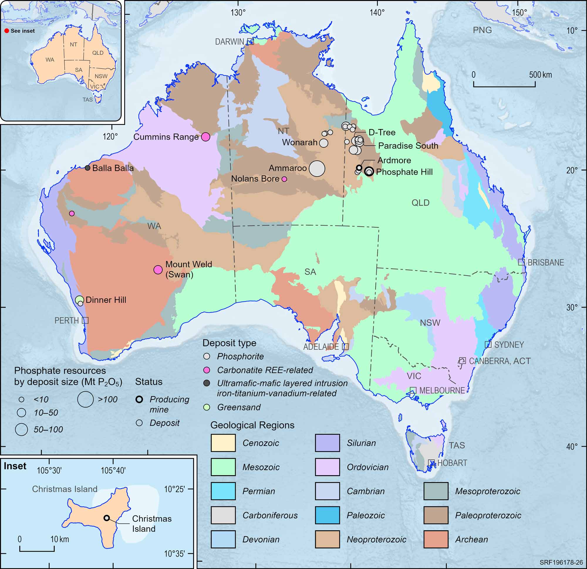 Australian map displaying Australian phosphate deposits and operating mines, 2023.