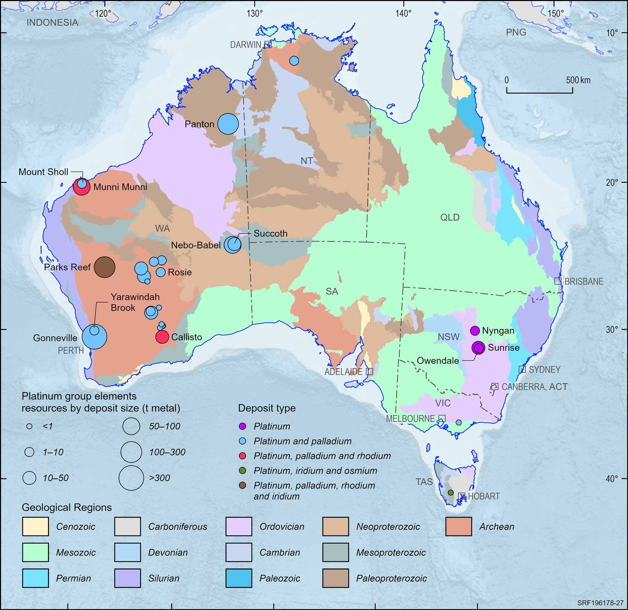 Australian map displaying Australian platinum group elements deposits, 2023.