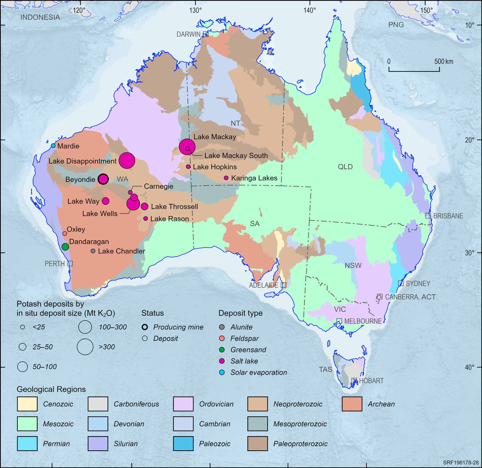 Australian map displaying Australian potash deposits and operating mines, 2023.