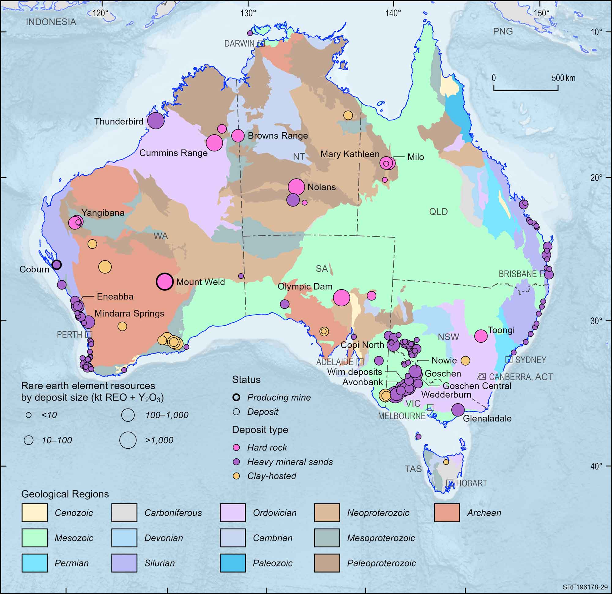 Australian map displaying Australian rare earth deposits and operating mines, 2023.
