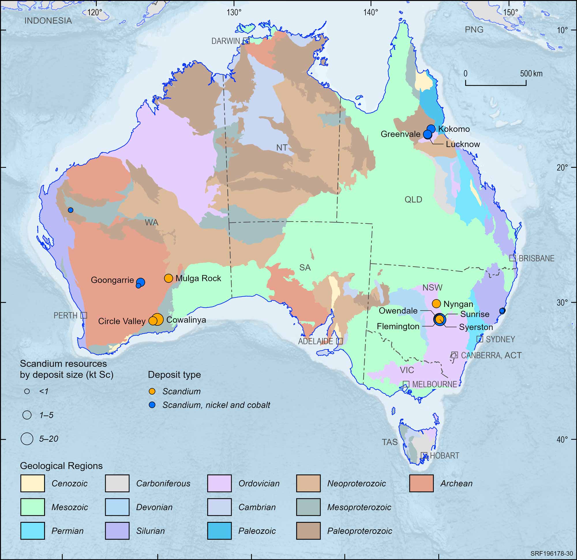Australian map displaying Australian scandium deposits, 2023.