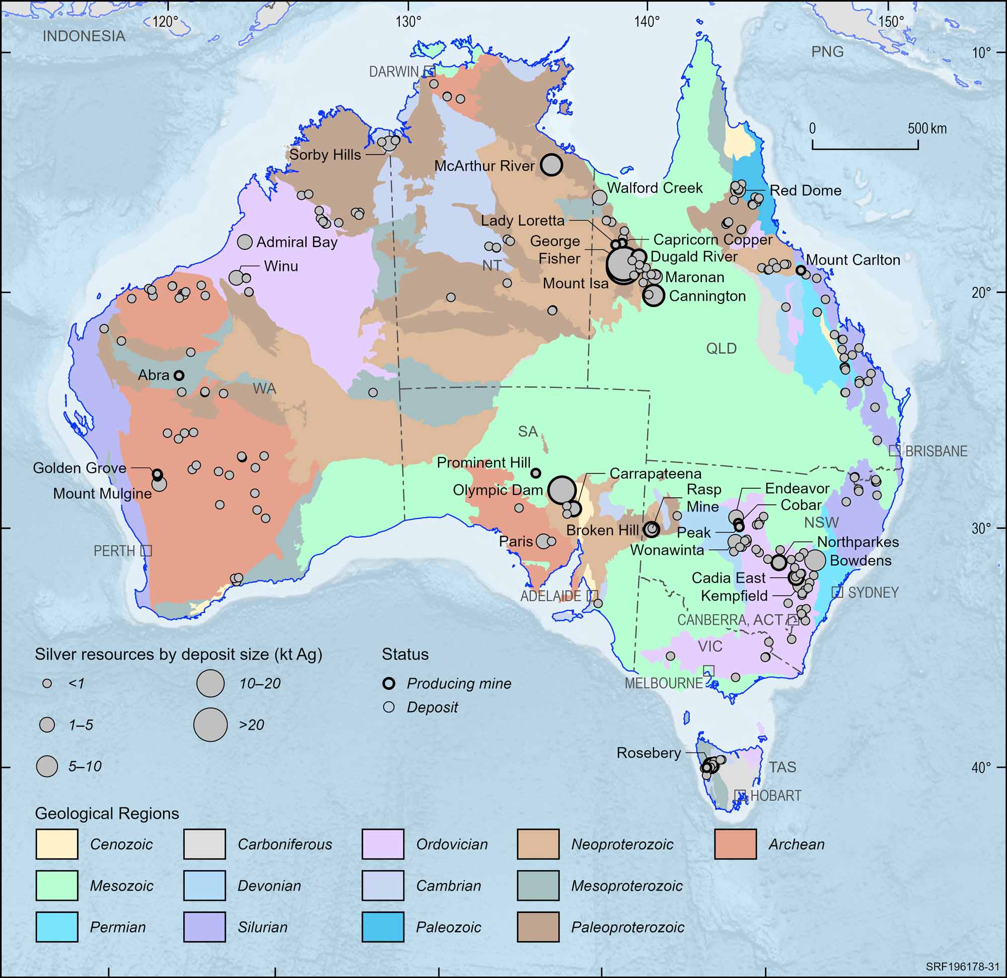 Australian map displaying Australian silver deposits and operating mines, 2023.