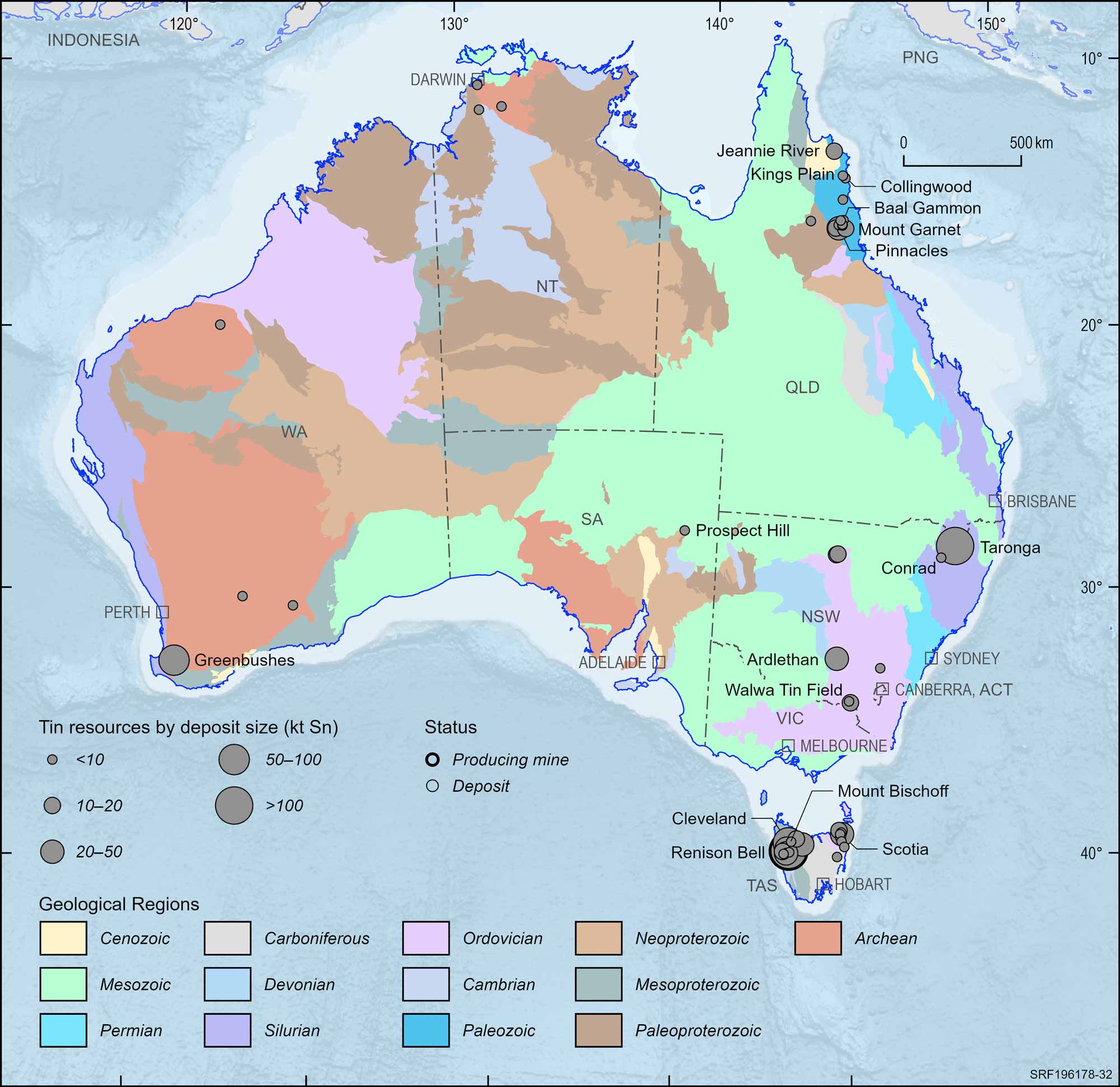 Australian map displaying Australian tin deposits and operating mines, 2023.
