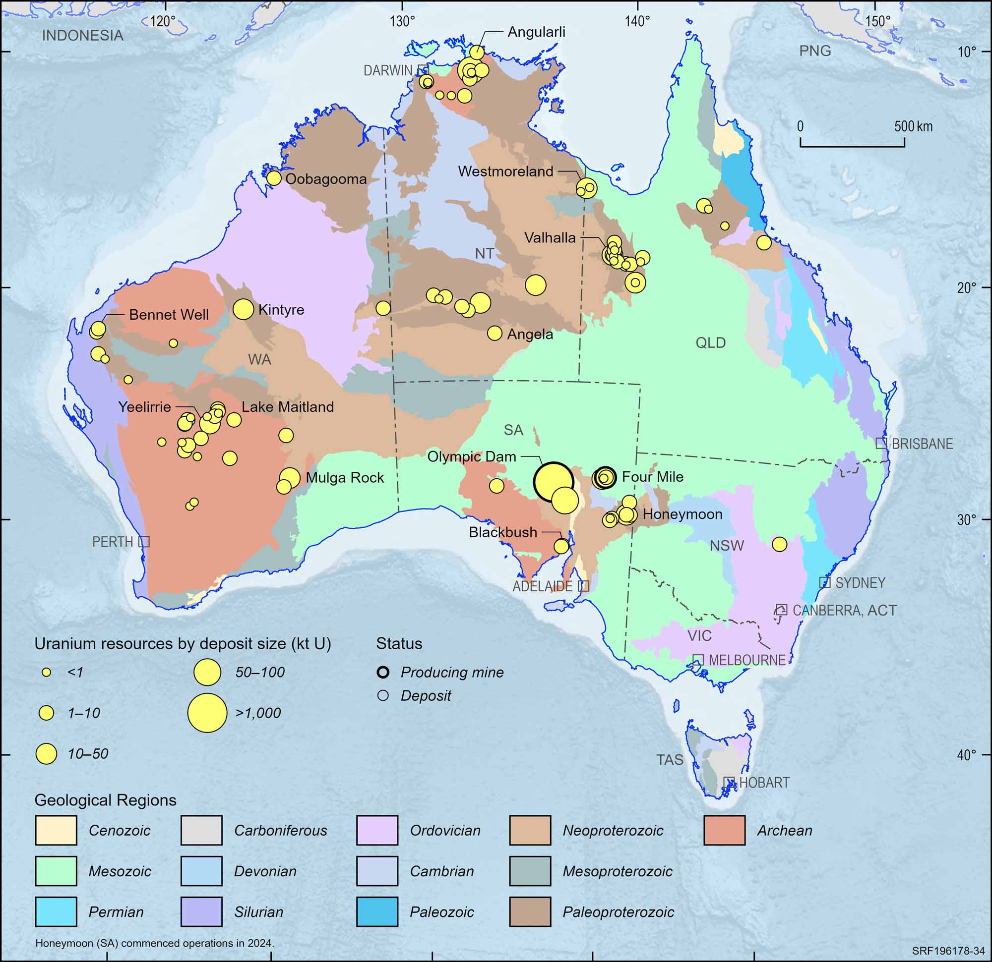 Australian map displaying Australian uranium deposits and operating mines, 2023.