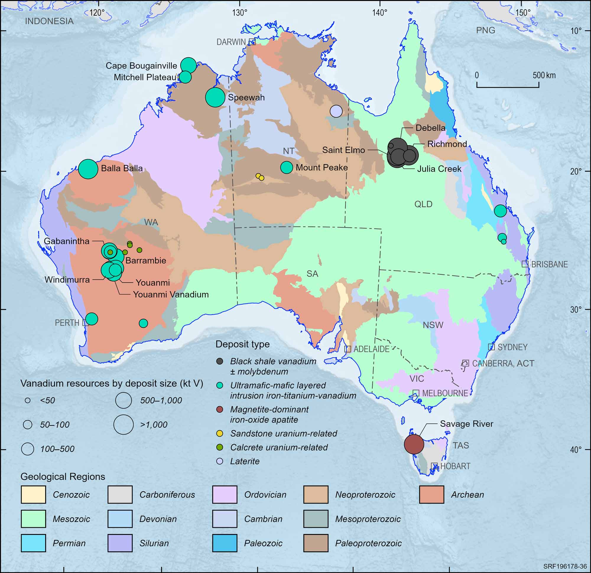 Australian map displaying Australian vanadium deposits, 2023.