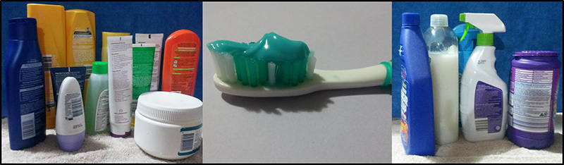 There are bottles of all differnt shapes, sizes and colours including shampoo, cosmetics, soaps, detergents and deodorant containers. In the Middle there is a close up of a toothbrush with blue toothpaste.