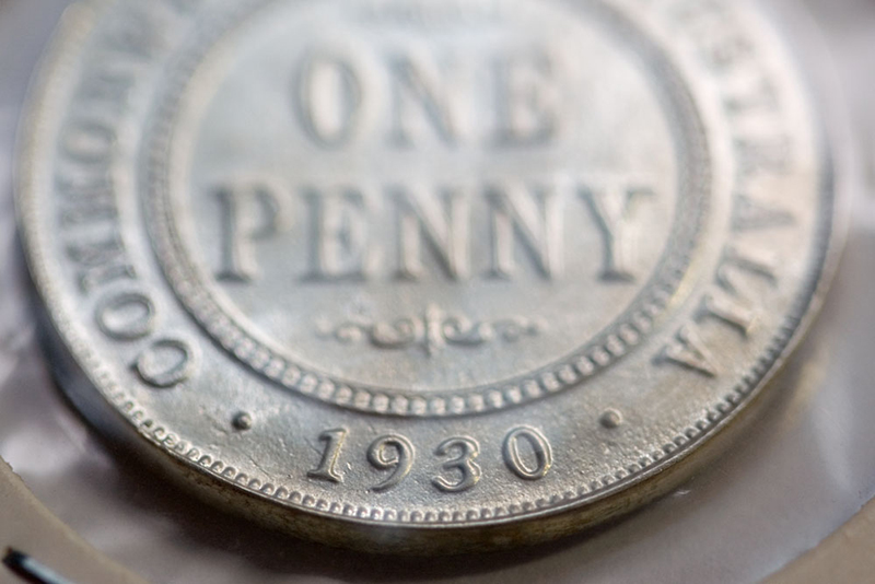 Silver coloured, Australian one penny coin from 1930