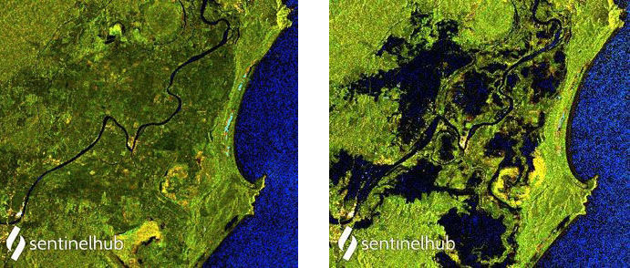 two blue and green abstract images of coastal region with comparison of flooded areas