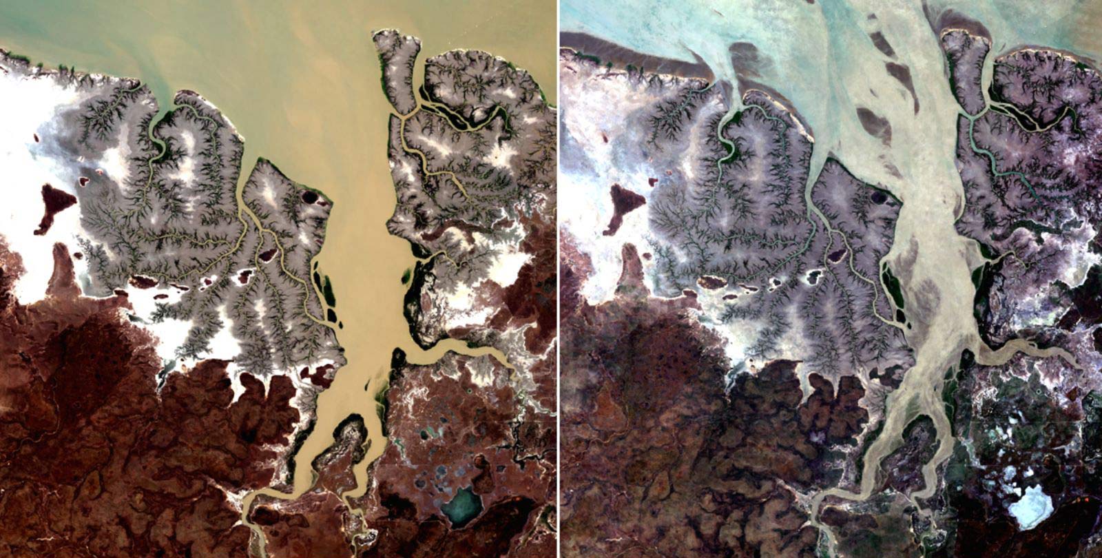 Two contrasting images of coastal landscape showing increased water flow